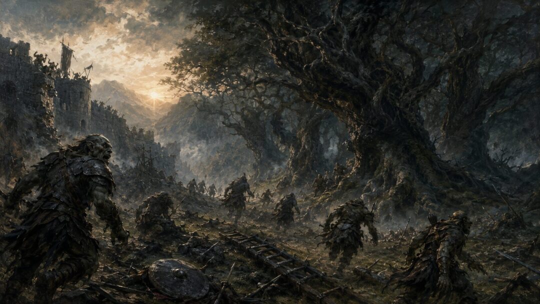 Orcs fleeing into the dark Huorn forest after the defeat at Helm’s Deep