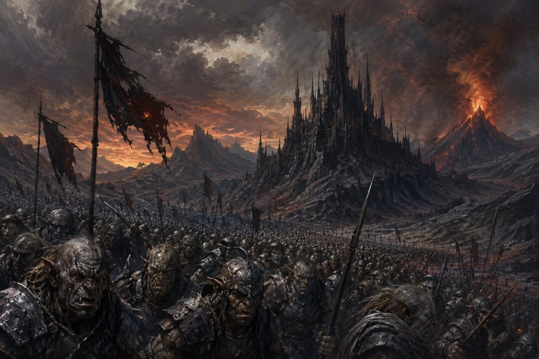Orc army marching beneath the shadow of Barad-dûr with fearful and resentful expressions.