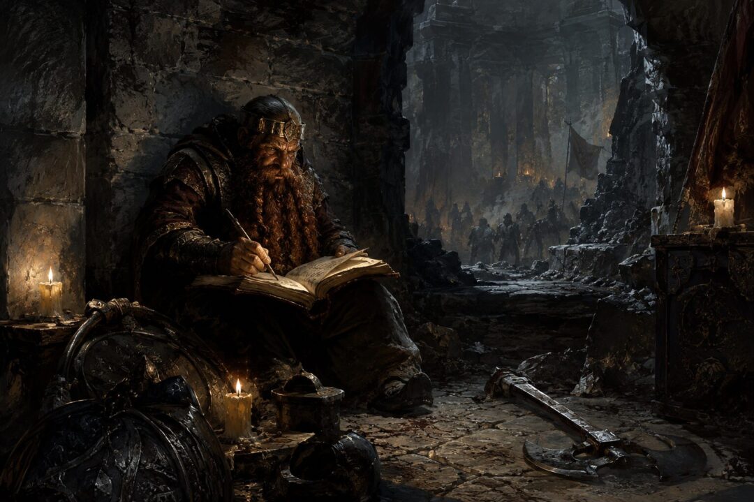 A Dwarf scribe writing the final record of Balin’s colony in a besieged chamber of Moria