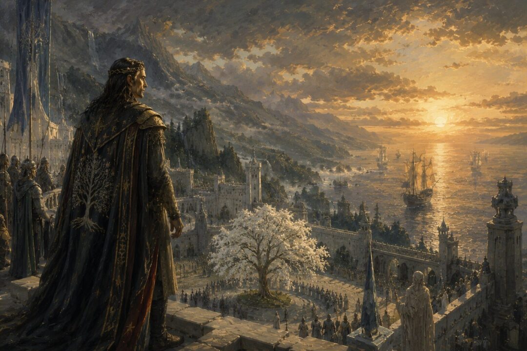 A symbolic landscape showing the transition from the Age of the Elves to the Age of Men.