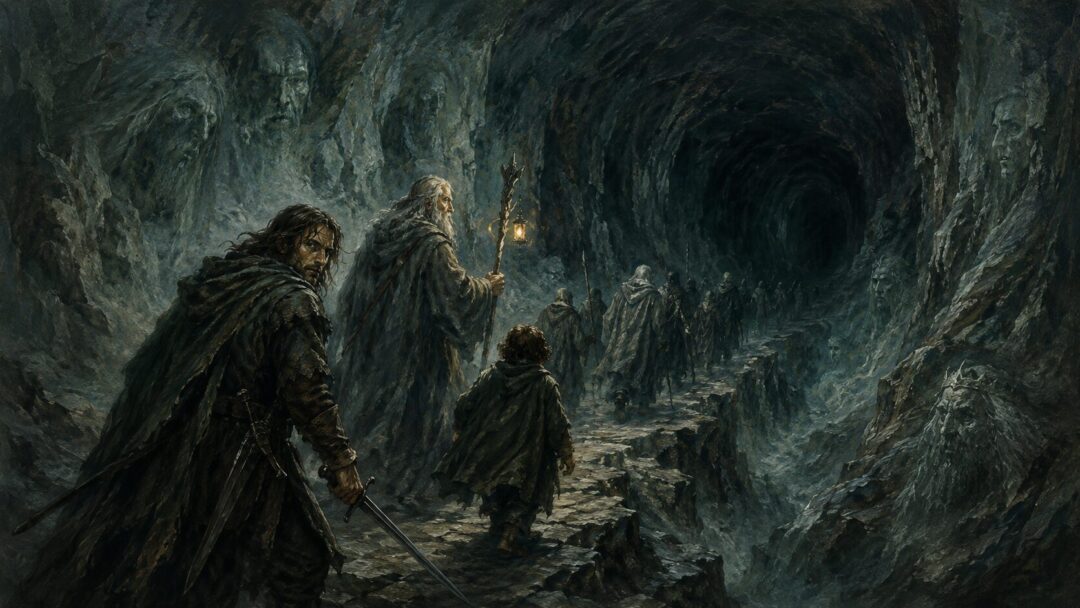 Travelers pass through the dark Paths of the Dead beneath the White Mountains with ghostly shadows nearby.