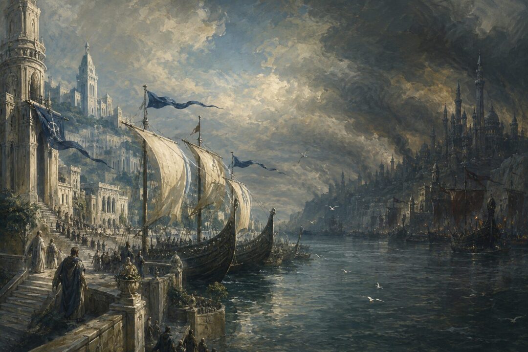 Pelargir and Umbar shown as contrasting Númenórean havens split by light and shadow.