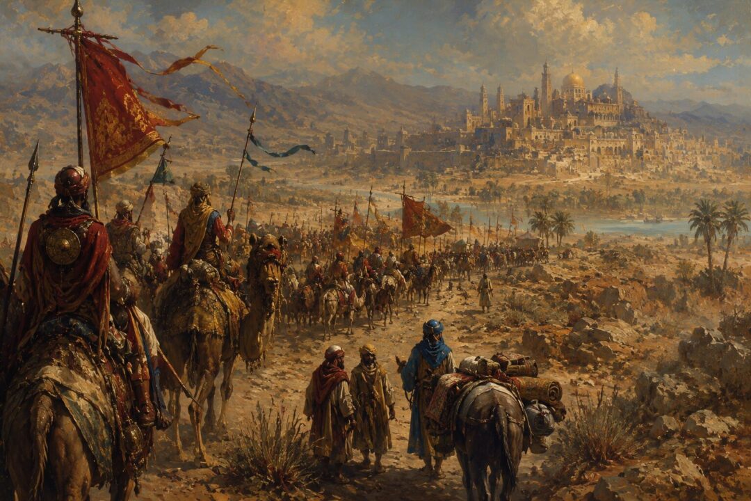 Diverse peoples of Harad traveling across the southern deserts with caravans and banners.