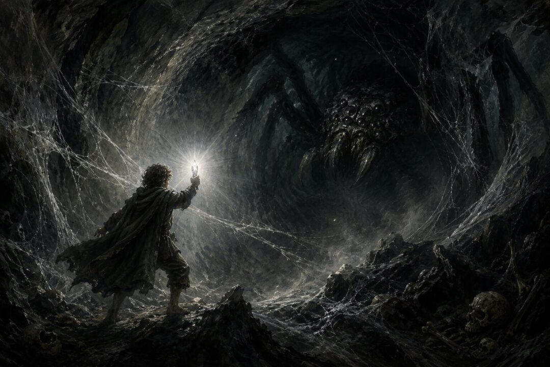 Frodo raises Galadriel’s Phial inside Shelob’s dark tunnel as star-like light pushes back the shadows.