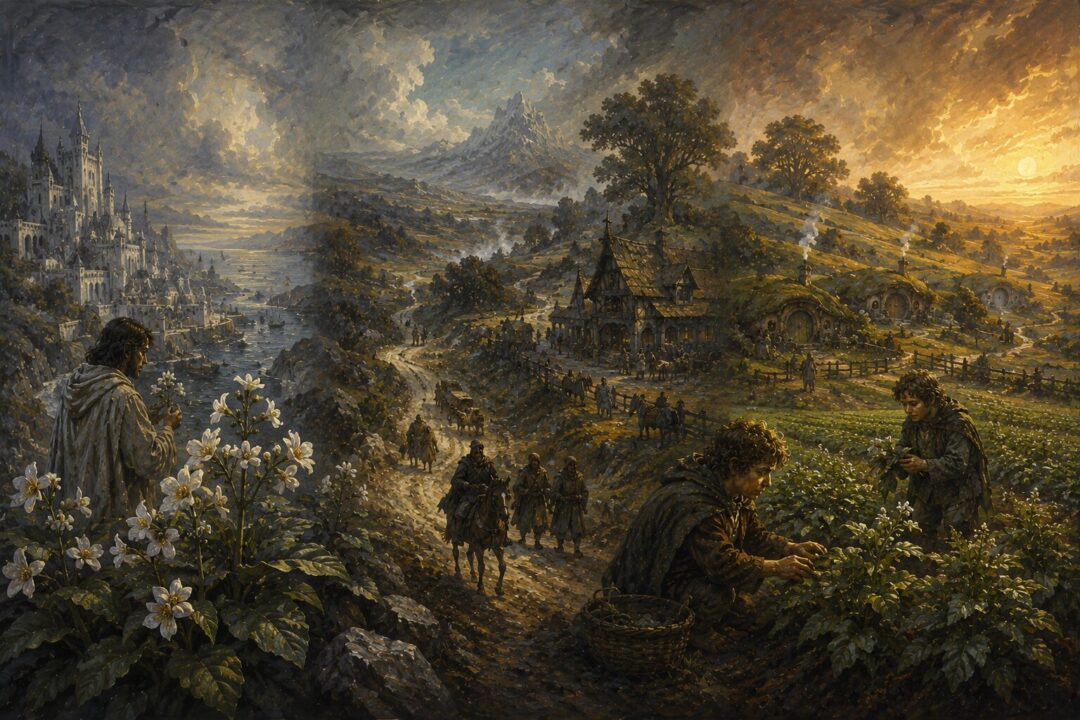 A symbolic landscape tracing pipe-weed's journey from Gondor through Bree to the Shire.