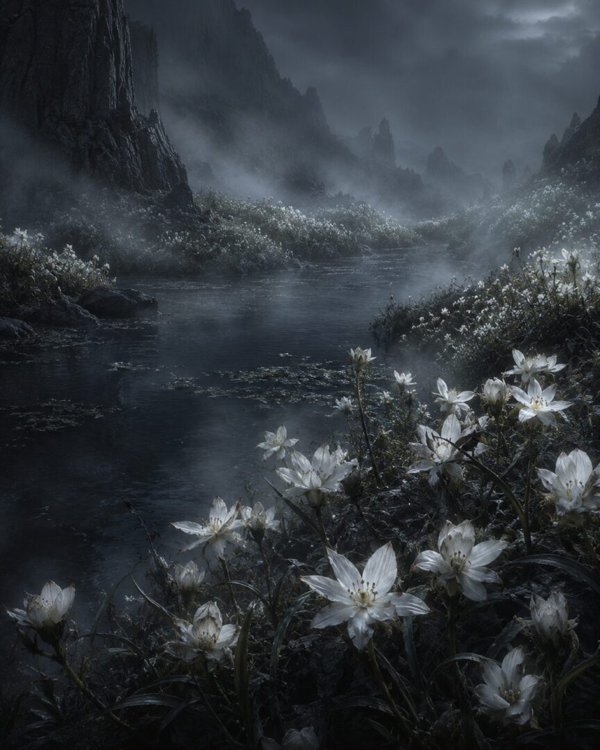 Luminous pale flowers growing beside the cold steaming waters of the Morgulduin in the Poisoned Meads.