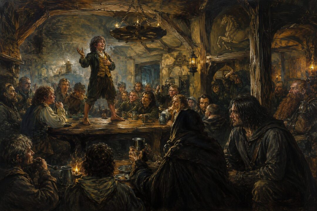 Crowded common room of The Prancing Pony with Frodo attracting attention during an evening gathering