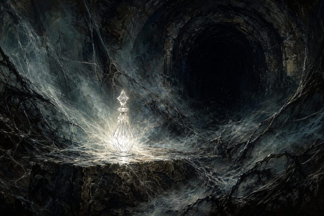 A glowing crystal Phial rests on dark stone while black webs and tunnel shadows retreat from its light.