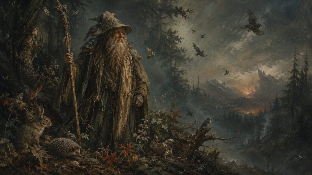 Radagast the Brown standing quietly among birds and woodland creatures near a dark forest.