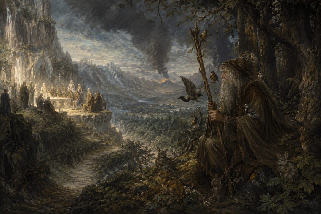 Radagast stands apart at the forest edge while the Free Peoples gather in the distance.