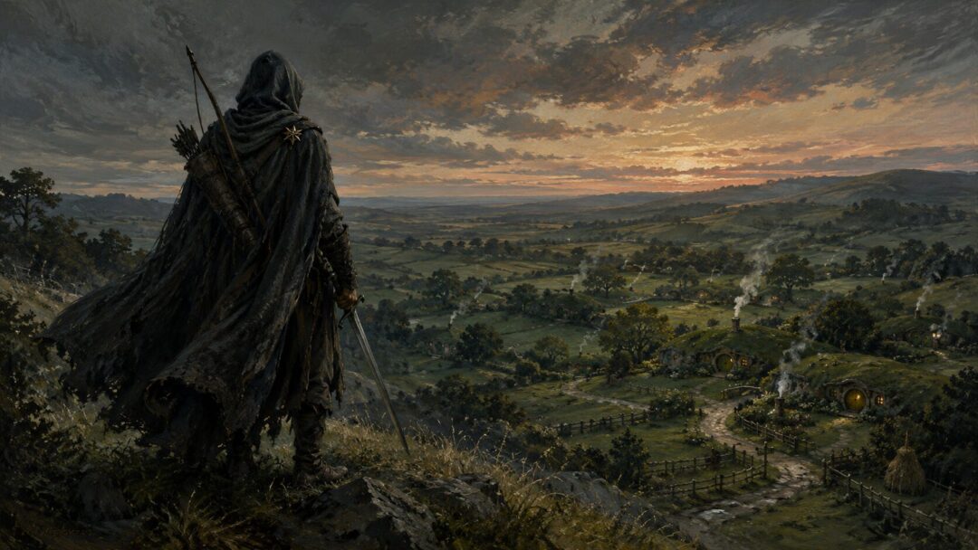 A lone Ranger of the North watches over the peaceful Shire from a grassy rise at dusk.