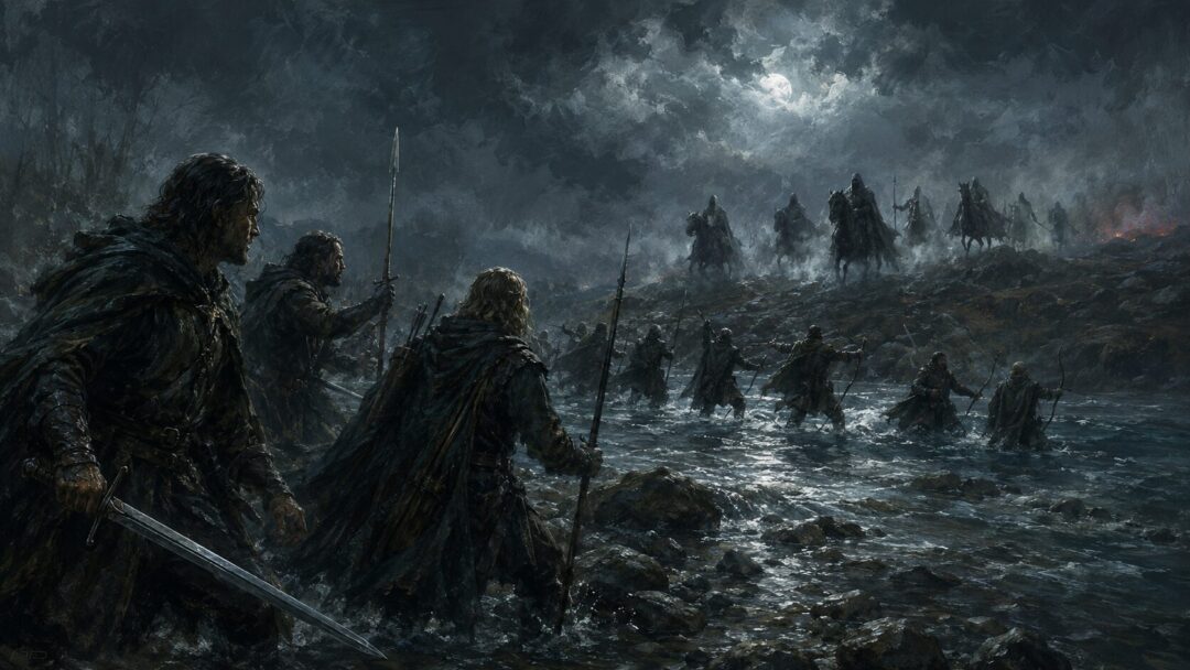 Rangers of the North hold the stony crossing of Sarn Ford as dark riders approach through mist.