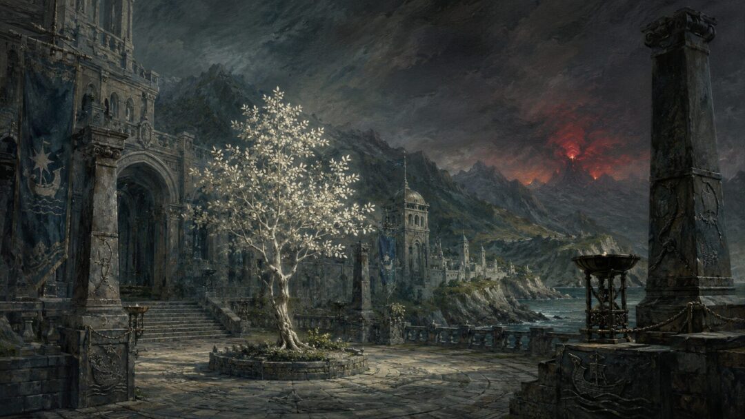 A young White Tree grows in a Númenórean courtyard while a distant shadow hints at Mordor.
