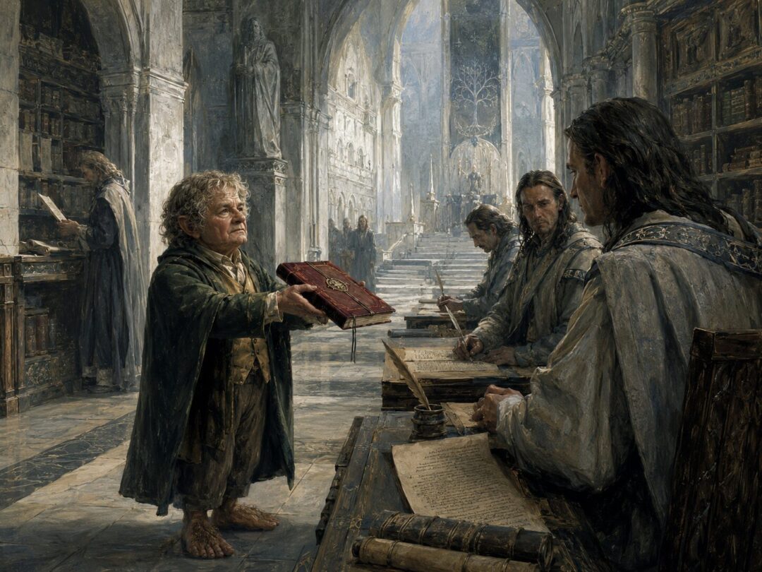 A hobbit messenger presents the Red Book tradition to Gondorian scribes in Minas Tirith.