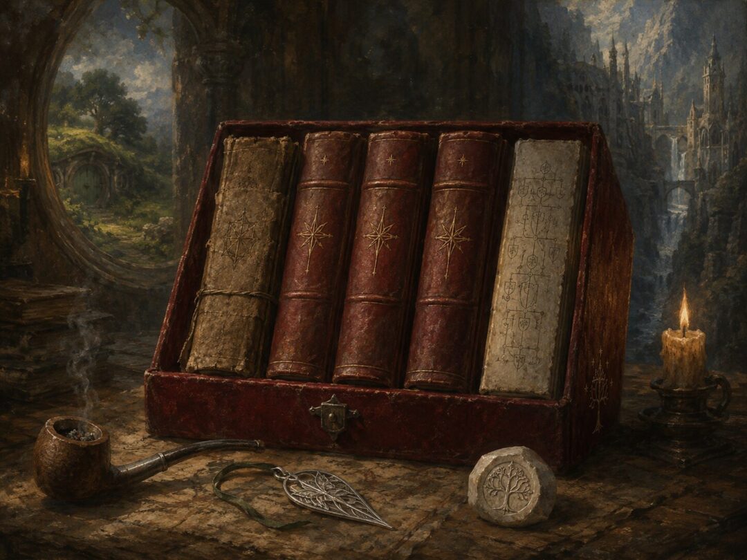 Five red-bound manuscript volumes symbolizing the preserved Red Book of Westmarch tradition.