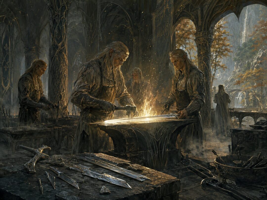 Elven smiths in Rivendell reforging the shards of Narsil into Andúril.