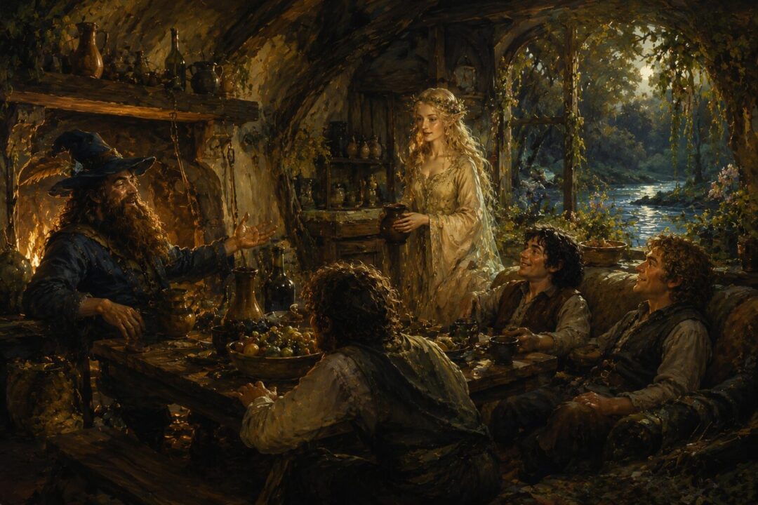 Warm interior of Tom Bombadil and Goldberry’s house offering safety and rest