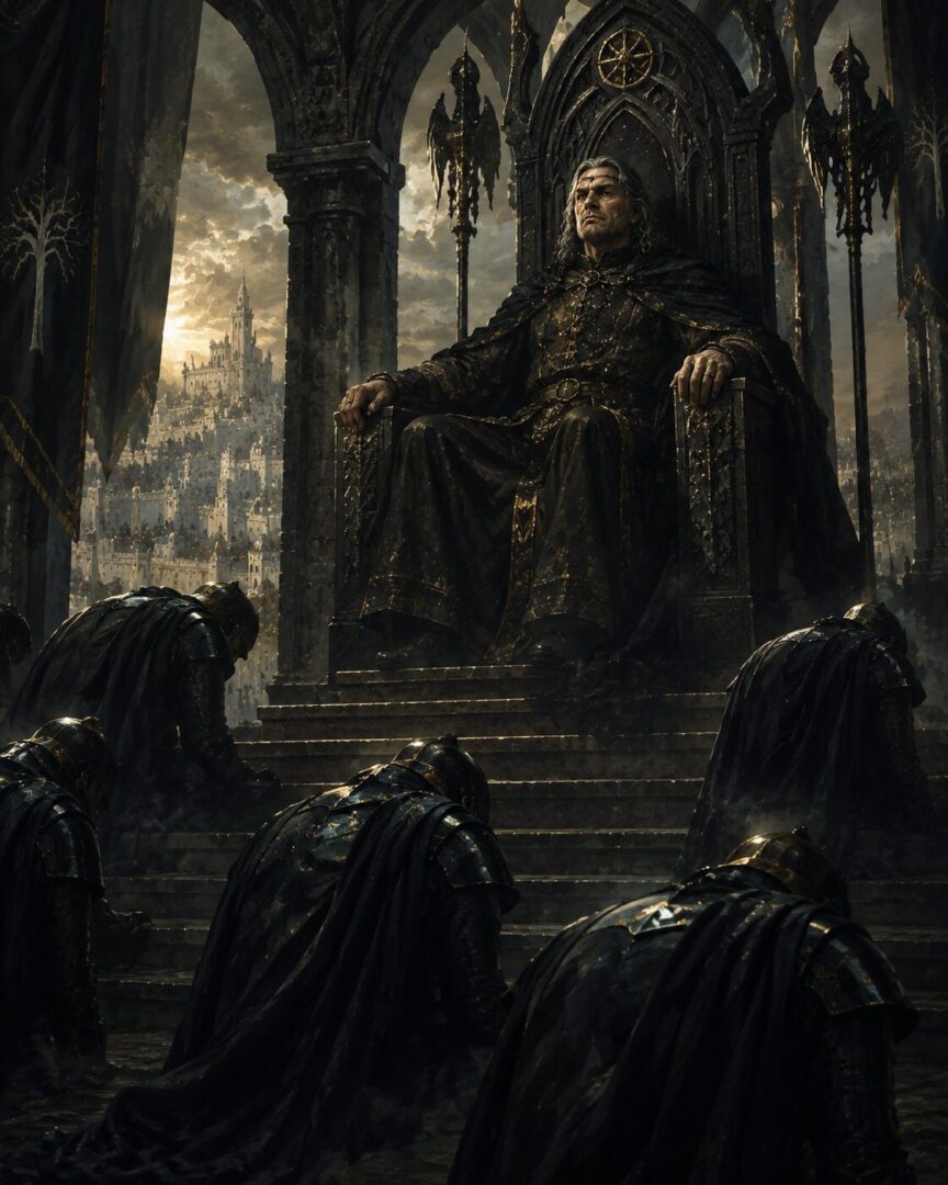 An imagined vision of Denethor transformed into a tyrannical ruler through the One Ring.