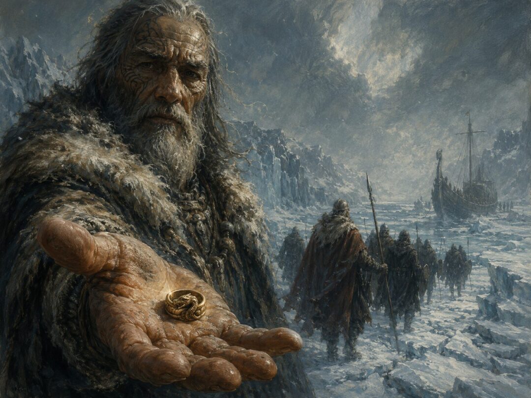 The Ring of Barahir rests in the hand of a Lossoth chief as Arvedui prepares to leave Forochel.