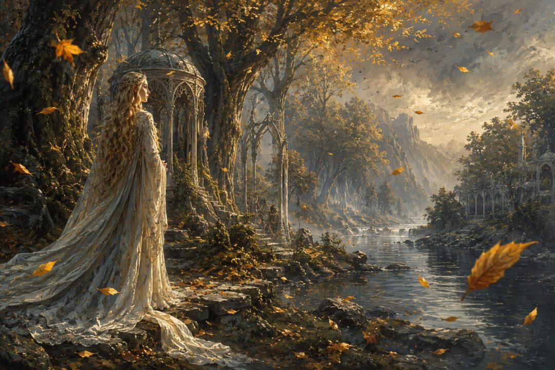 Elrond in Rivendell reflecting on the fading power of the Three Rings of the Elves.