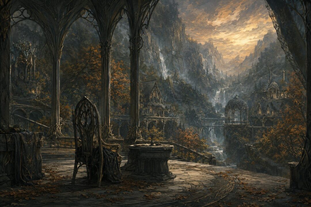 Quiet Rivendell at evening with an empty council chamber and autumn trees.
