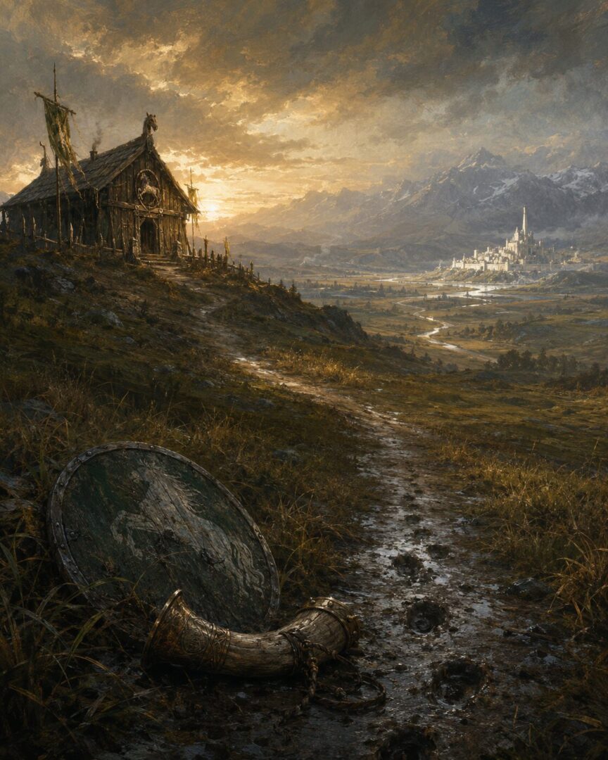 A symbolic sunrise connects a wooden hall of Rohan with the distant white city of Gondor.
