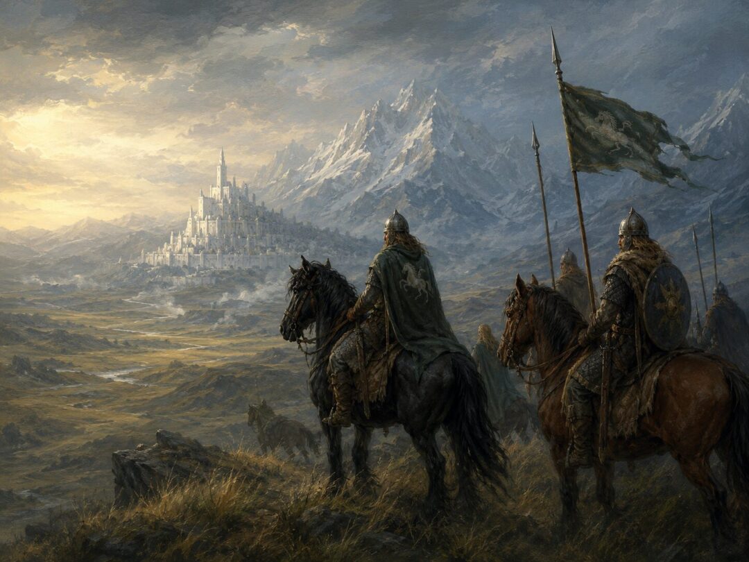 Rohirrim riders gather on the plains with the distant white towers of Minas Tirith beyond the mountains.
