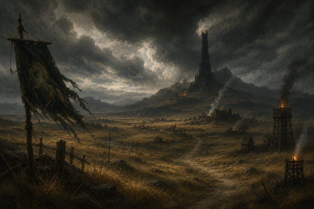 The grasslands of Rohan darkening under distant threats as the kingdom drifts toward crisis
