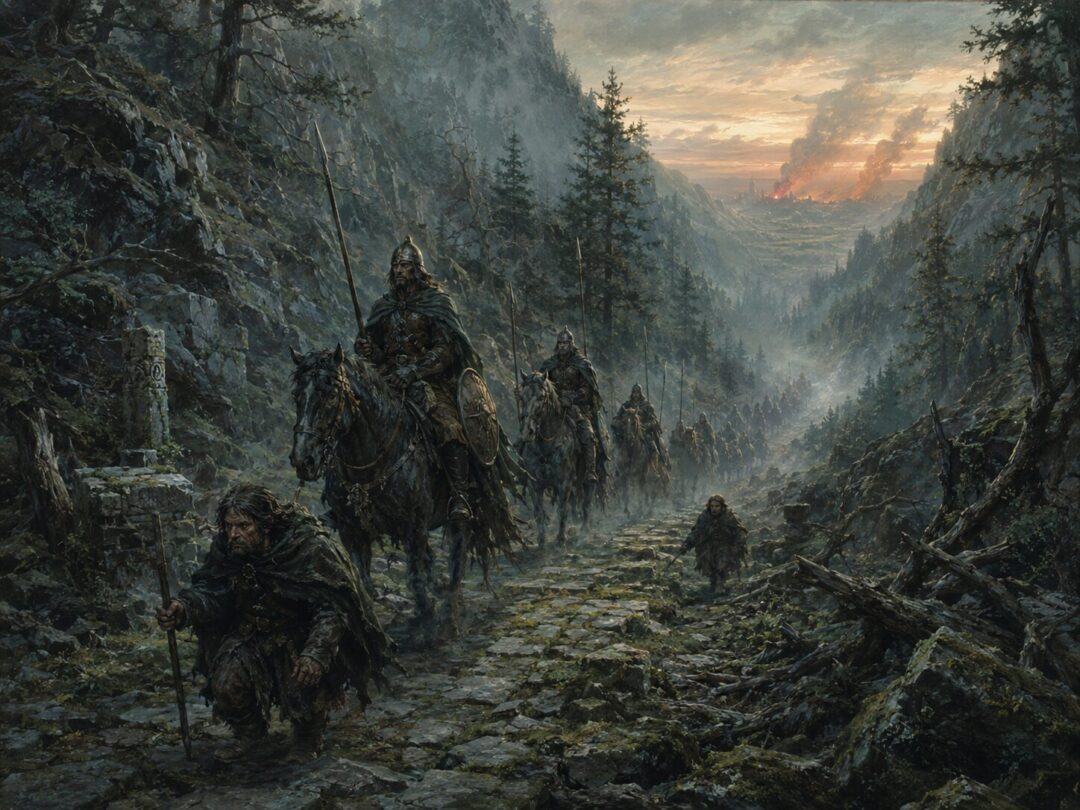 Rohirrim riders guided by Drúedain scouts along the forgotten Stonewain Valley road
