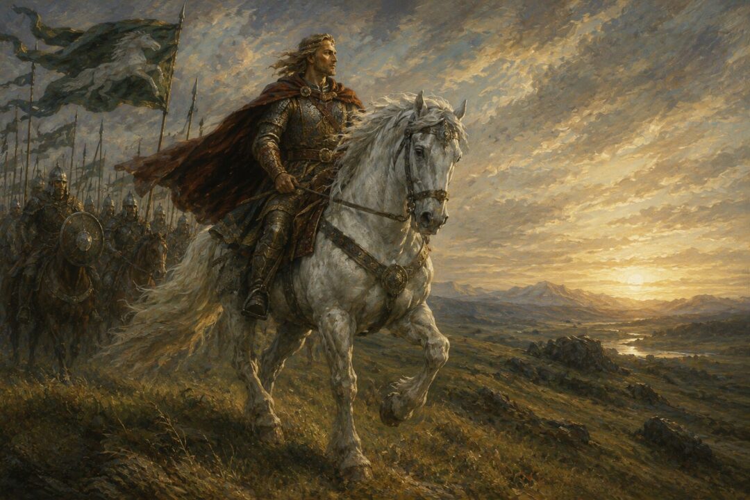 A king of Rohan riding one of the royal Mearas across the Riddermark.