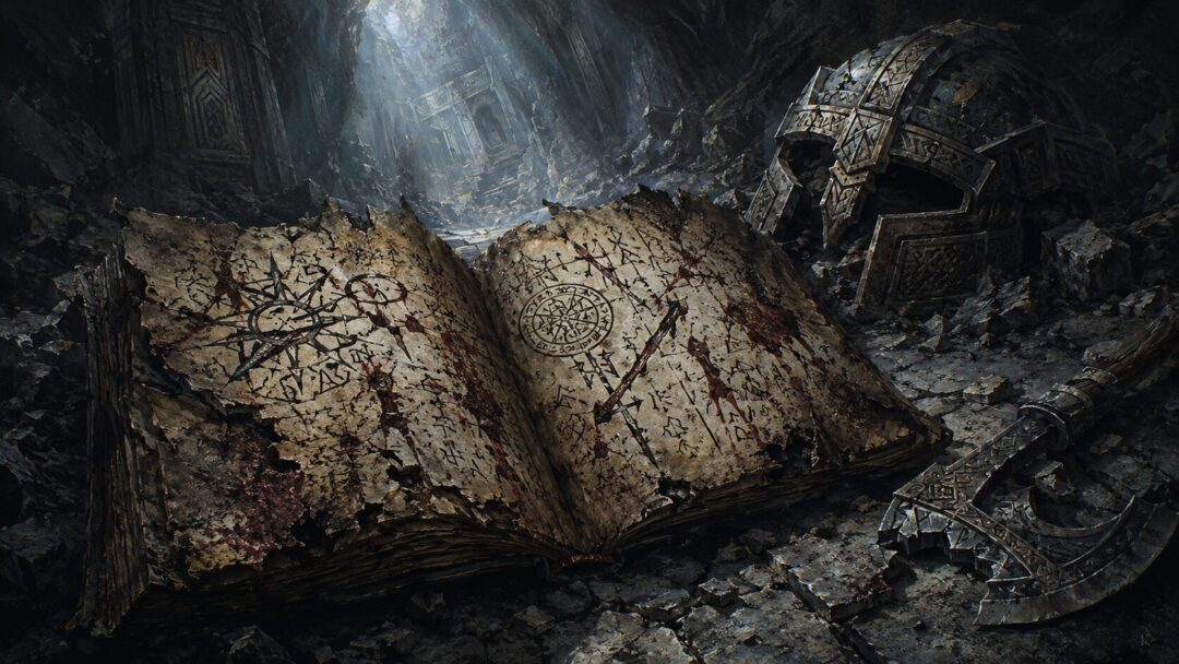 The damaged Book of Mazarbul lying on stone beside a broken axe and helm in the darkness of Moria