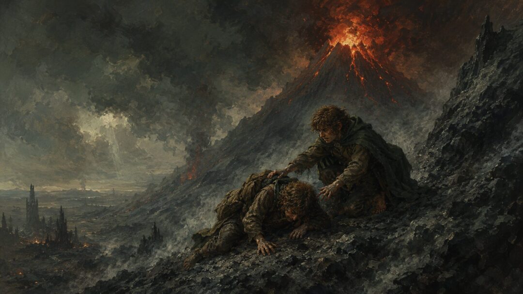 Sam kneels beside an exhausted Frodo on the ash-covered slopes of Mount Doom as fire and smoke rise above Mordor.