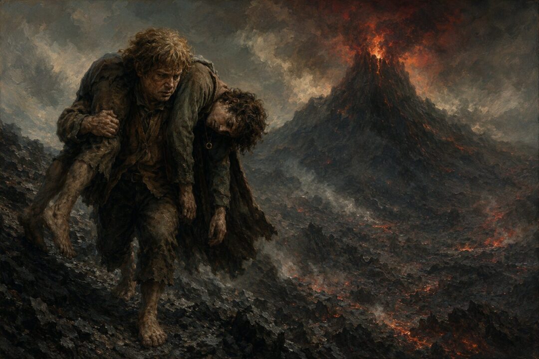 Sam carrying exhausted Frodo up the ash slopes of Mount Doom with the Ring hanging on its chain.