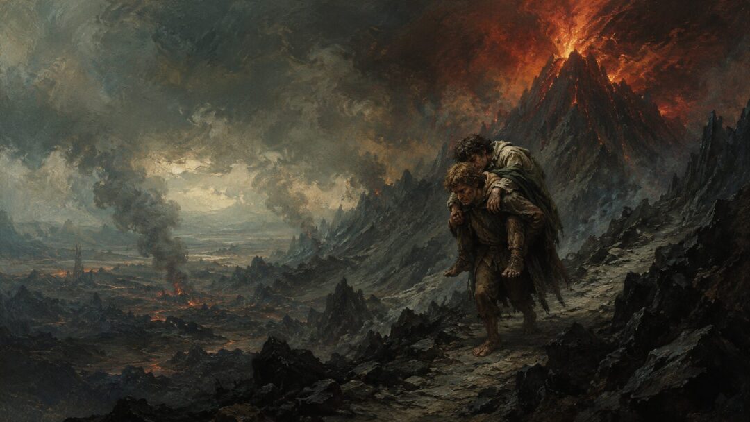 Sam carries Frodo up a steep volcanic path toward Mount Doom under a smoke-darkened sky.