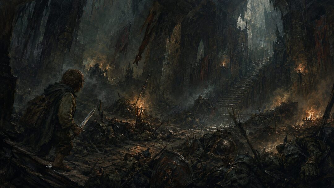 Samwise enters the ruined Tower of Cirith Ungol after the Orcs have turned on each other.