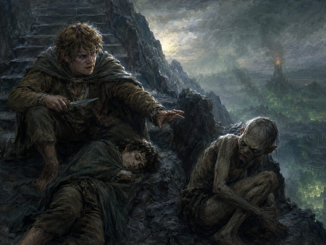 Sam wakes in alarm as Gollum recoils beside the sleeping Frodo on the Stairs of Cirith Ungol.