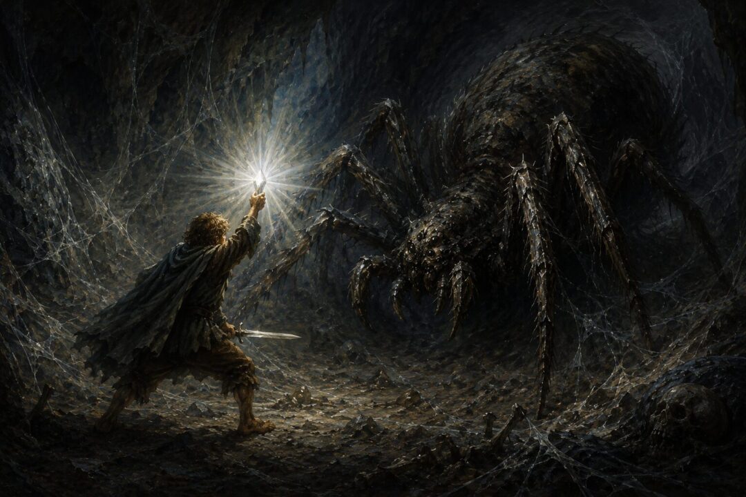 Samwise Gamgee confronting Shelob with the Phial of Galadriel in the tunnel.