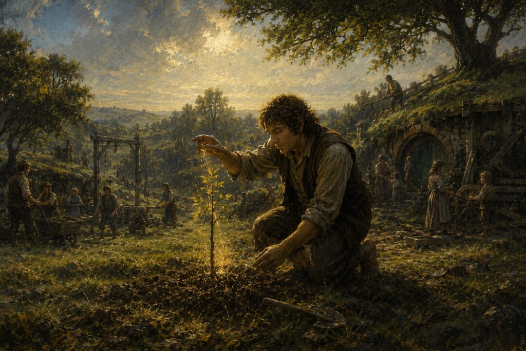 Sam plants a mallorn sapling in the Party Field as the Shire begins to heal.