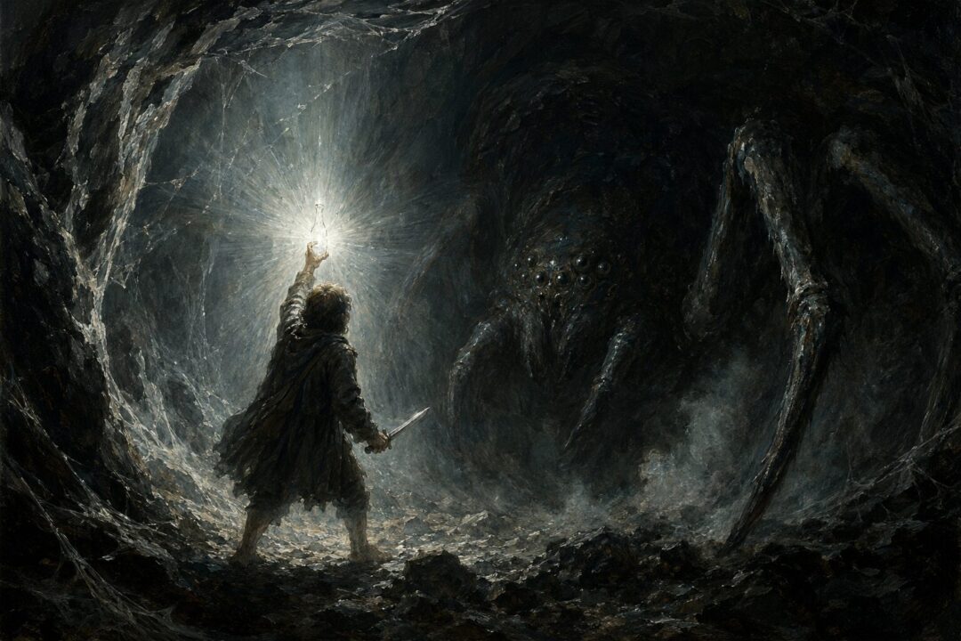 Sam stands in Shelob’s tunnel with Galadriel’s Phial and an Elven blade as the spider’s shadow recoils.