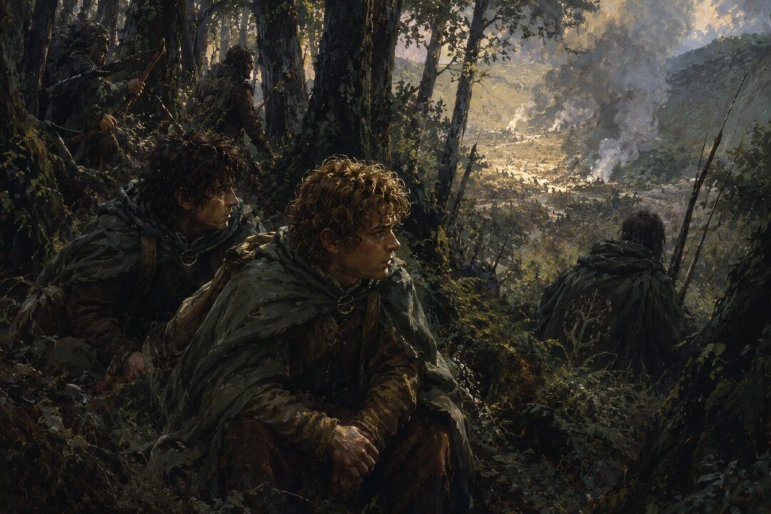 Sam Gamgee hiding in Ithilien as he reflects on the human cost of battle.