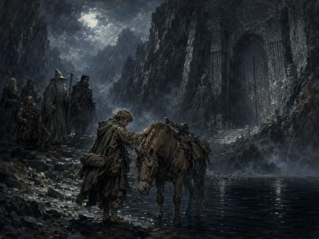 Sam grieves as Bill the Pony is released outside the West-gate of Moria.