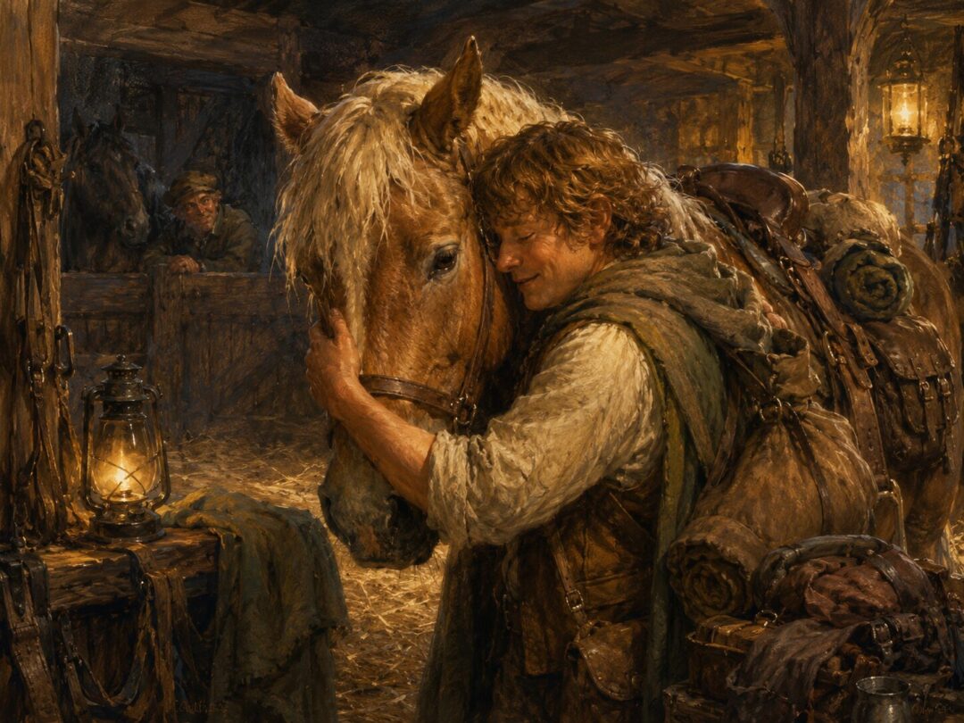 Sam is reunited with Bill the Pony in the stables of The Prancing Pony at Bree.