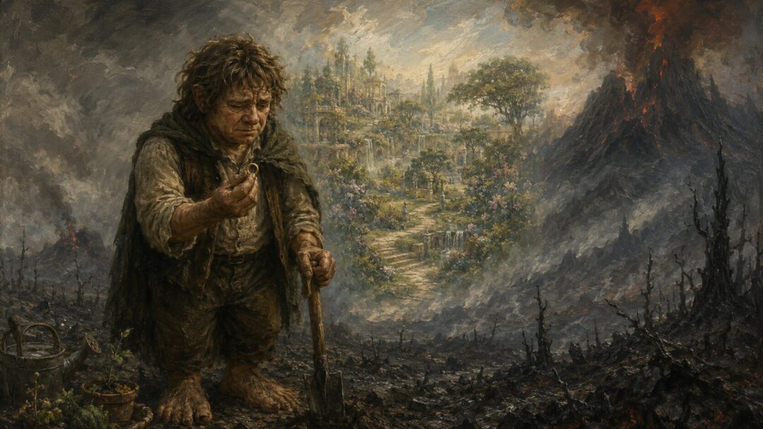 A weary hobbit gardener resists the Ring as a grand impossible garden appears behind him in Mordor.