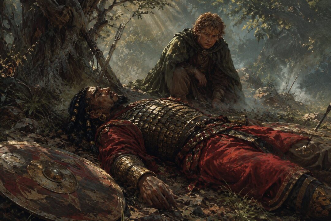 Sam Gamgee looking with pity upon a fallen Haradrim warrior in the woods of Ithilien.