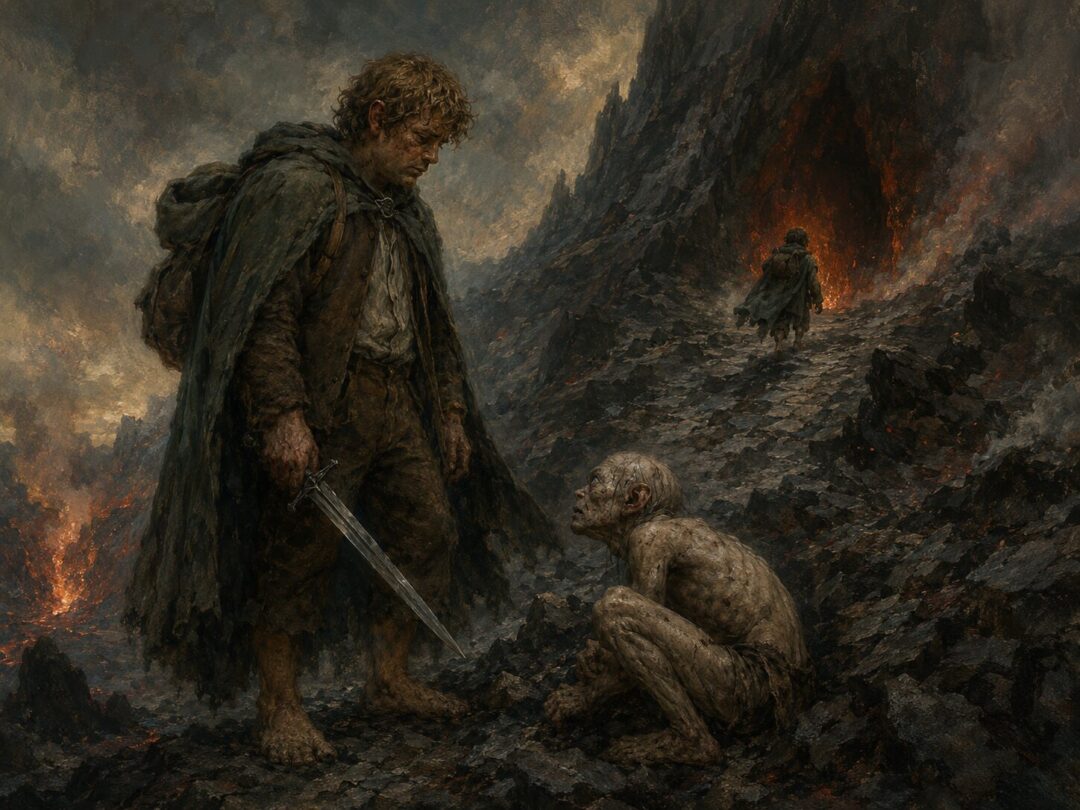 Sam lowers his sword and spares the defeated Gollum on the ashen slopes of Mount Doom.
