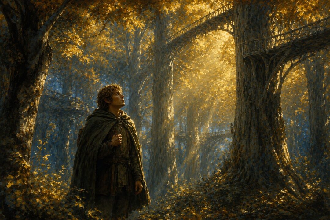 Sam Gamgee contemplating the unusual atmosphere beneath the mallorn trees