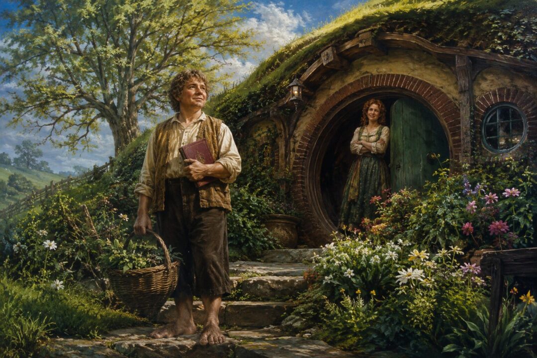 Samwise Gamgee returning to Bag End with the Red Book and a gardener's basket as the restored Shire blooms around him.