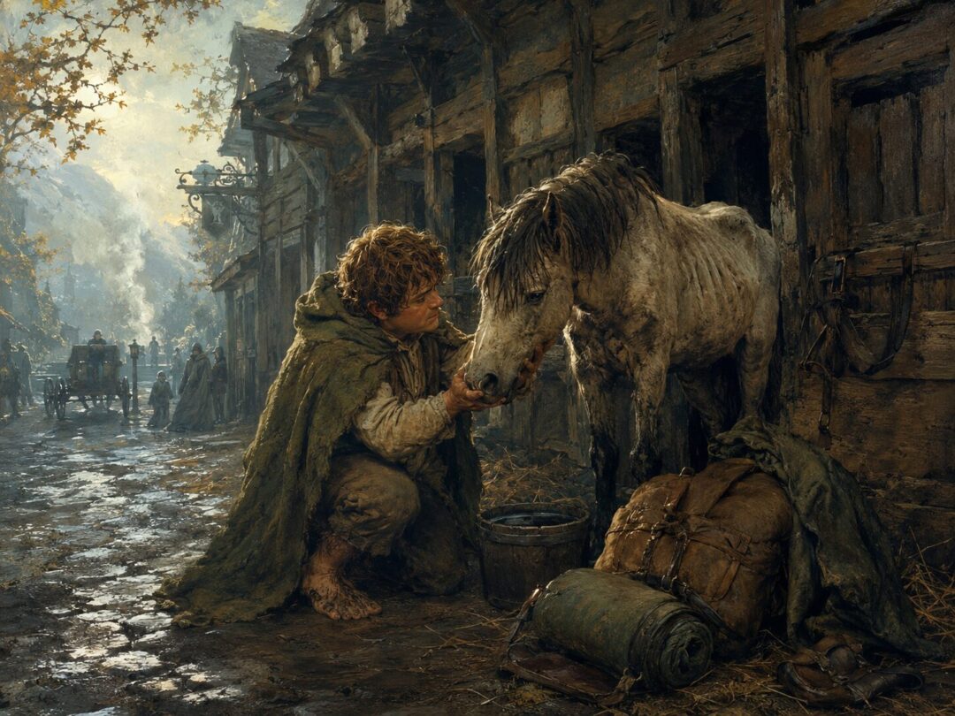 Samwise Gamgee gently tends the mistreated Bill the Pony beside the stables in Bree.