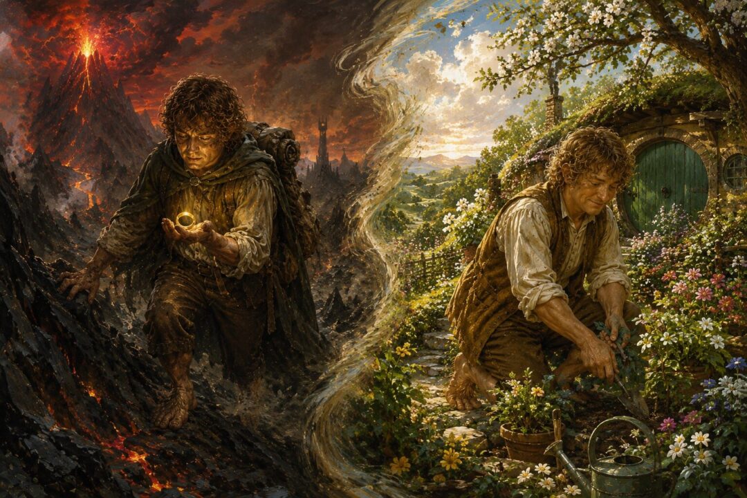 Samwise watching the White Ship depart from the Grey Havens before turning back toward the road home to the Shire.
