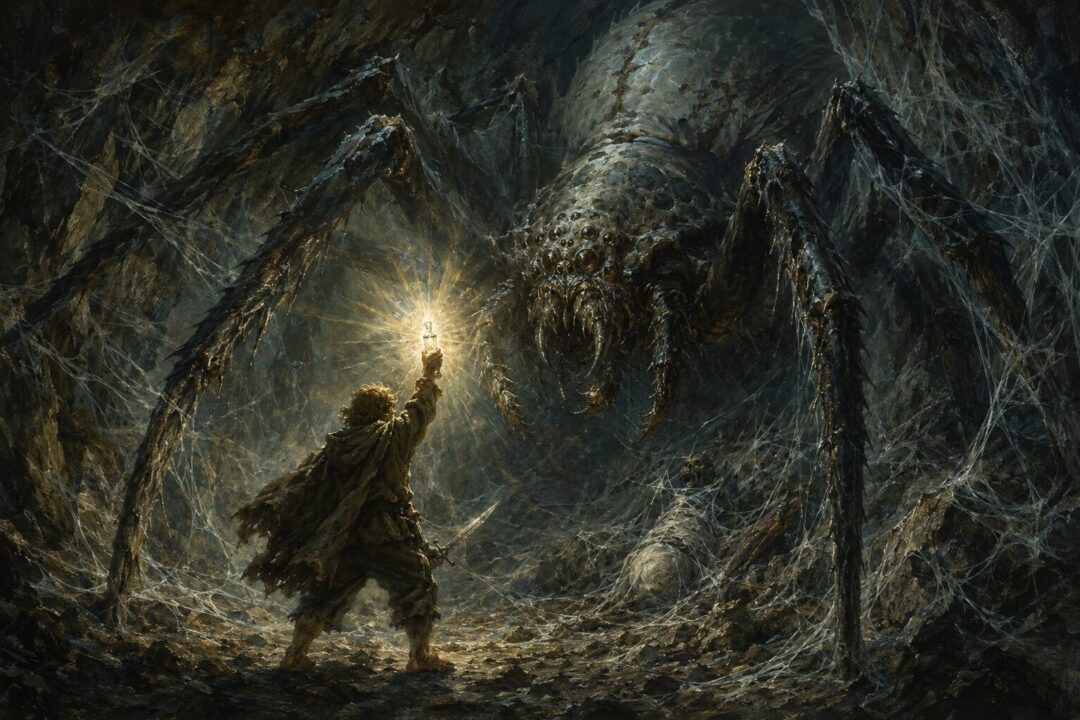 Samwise raises the Phial of Galadriel against Shelob in the dark tunnel of Cirith Ungol.